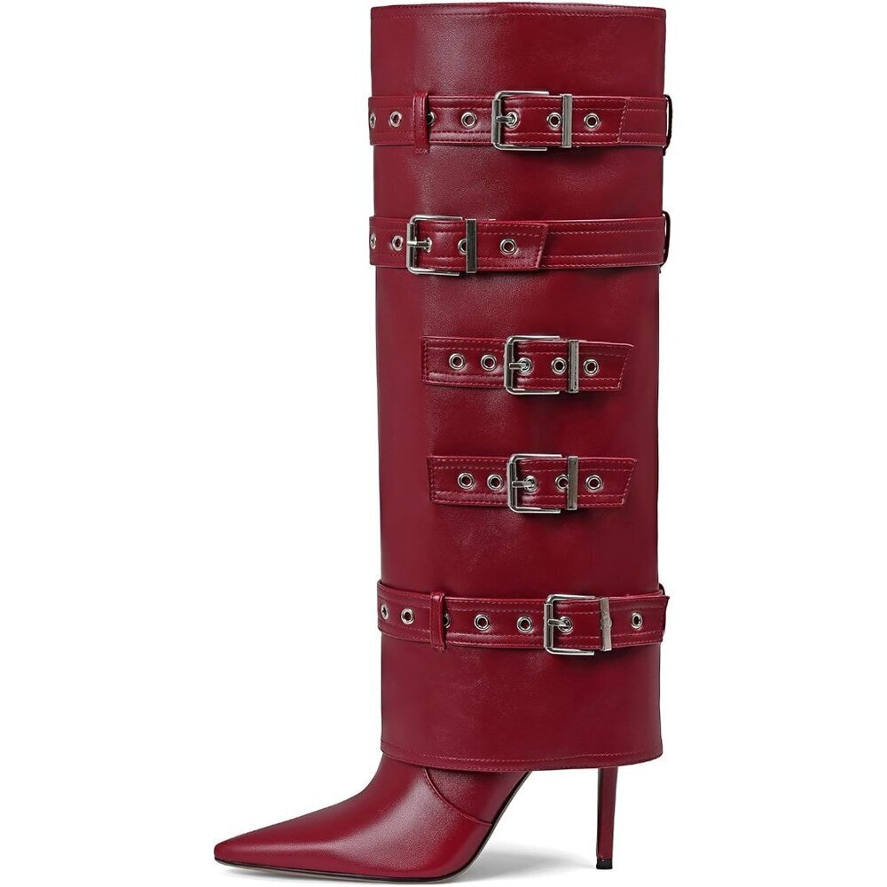 Women's Red Fold Over Leather Long Buckle Slouchy Pointed Toe Stiletto Heel Boot